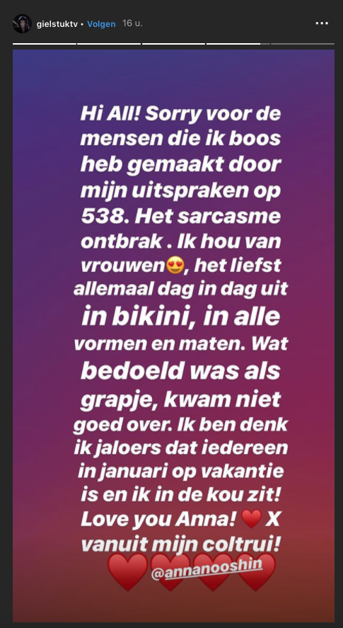 Giel de Winter-Instagram story-excuses-aan-Anna-Nooshin