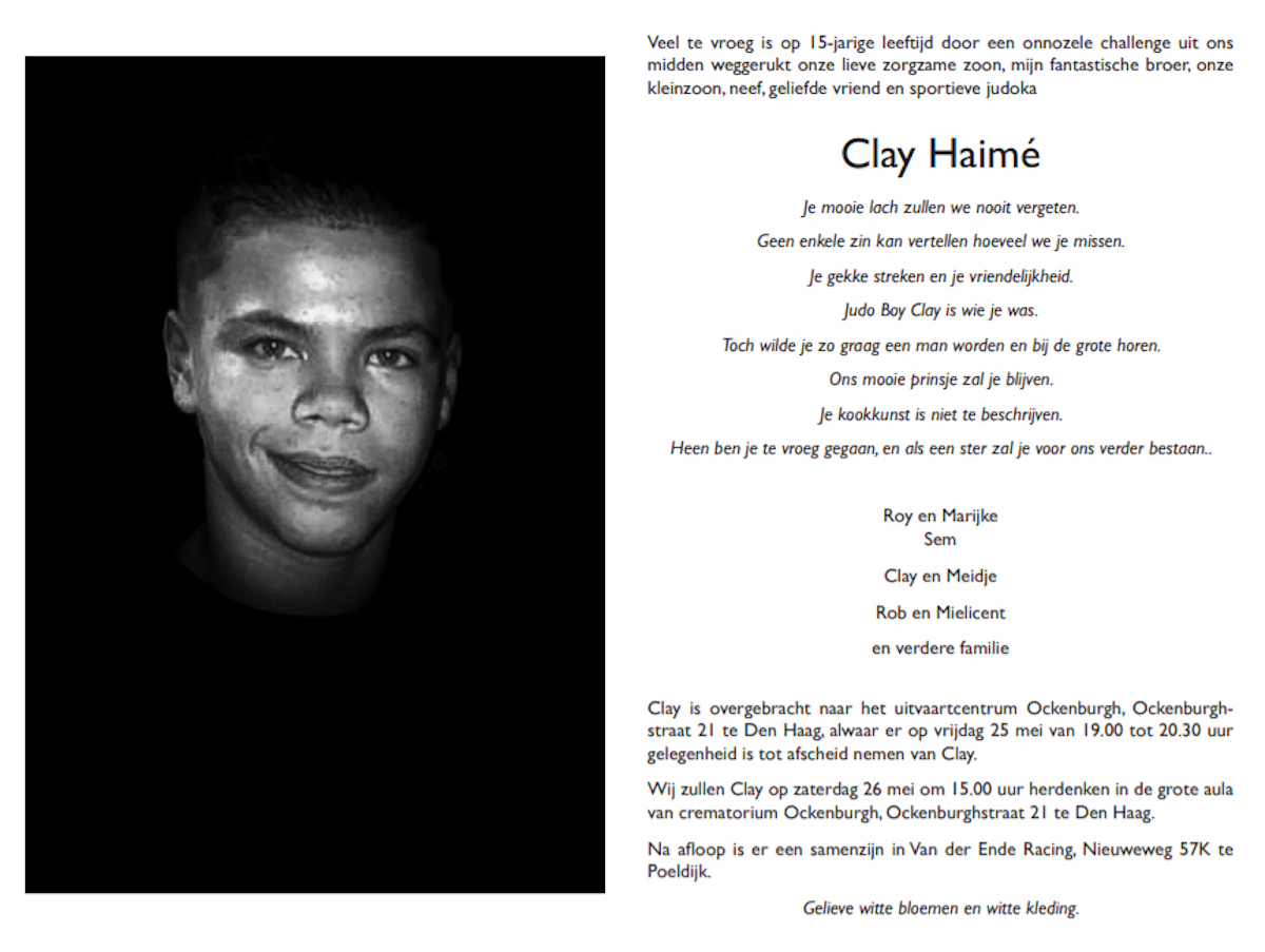 clay haime overleden social media challenge den haag