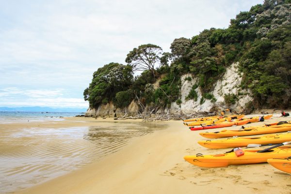 Sterrenbeeld Row of yellow kayaks on the beach, Mosquito Bay, Abel Tasman National Park, New Zealand