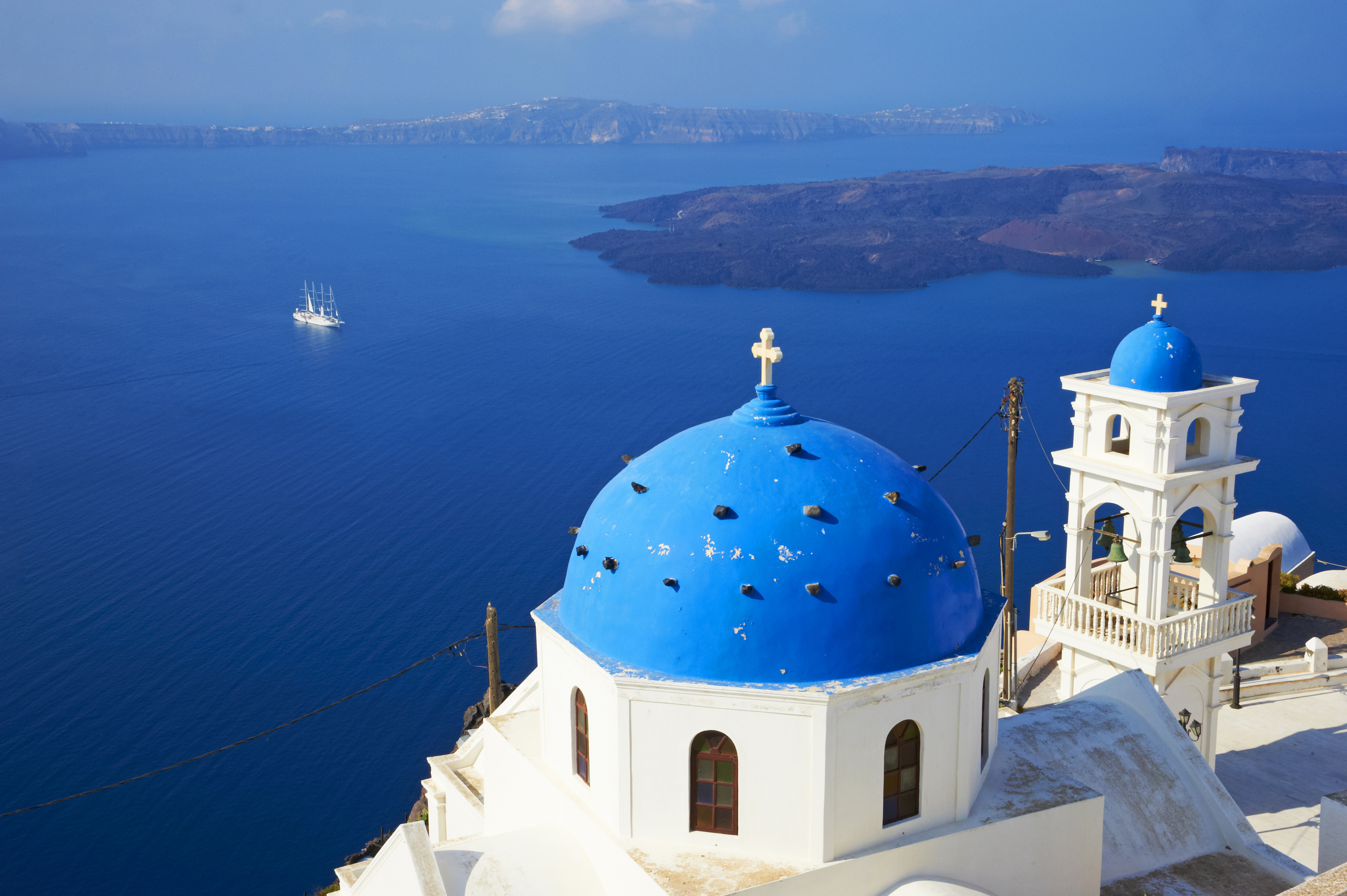 Greece, Cyclades, Santorini Island, Firostefani, church with blue dome