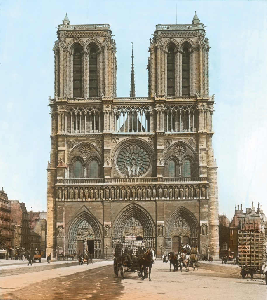 Cathedral Notre-Dame de Paris. Built from 1163 to 1345 in gothic style. Hand-colored lantern slide around 1905.