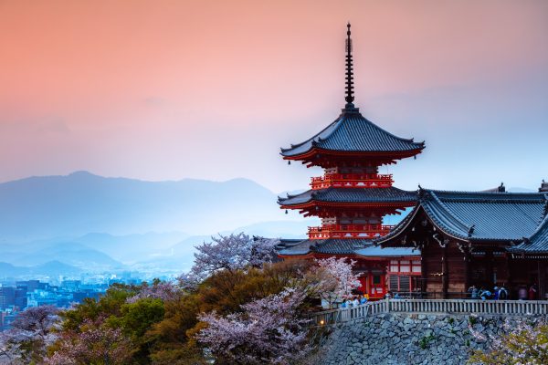 Sunset over Kiyomizudera temple, Kyoto, Japan