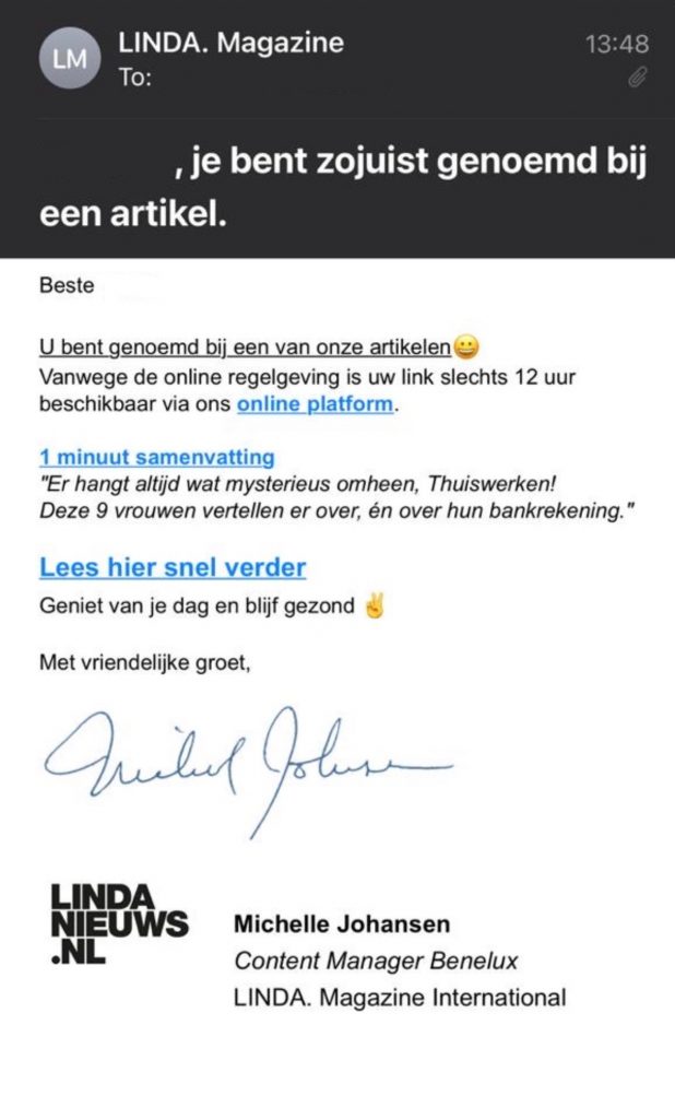 Phishing mail LINDA. voorbeeld