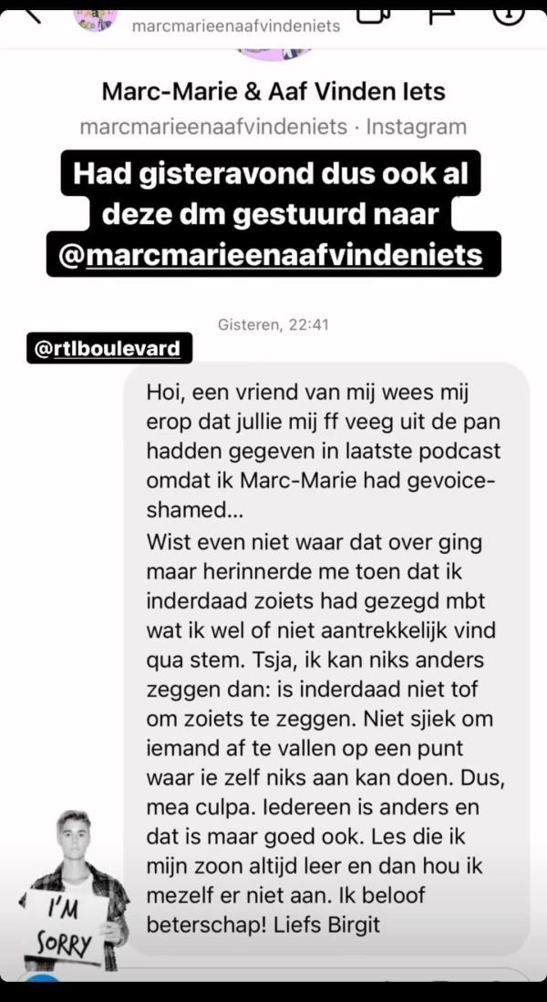 Birgit Schuurman zegt sorry tegen Marc-Marie Huijbregts