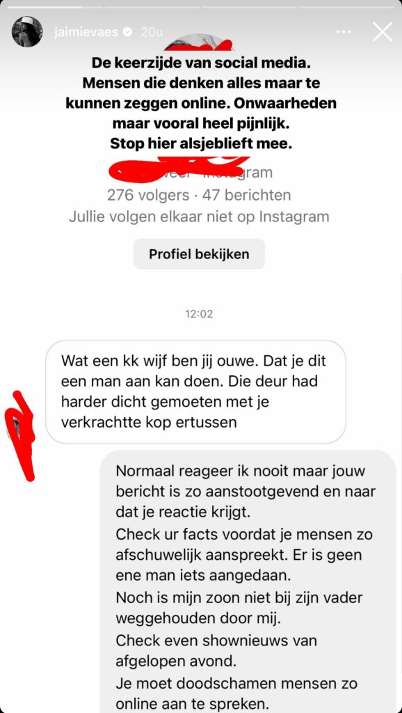 Jaimie Vaes reactie Instagram-volger