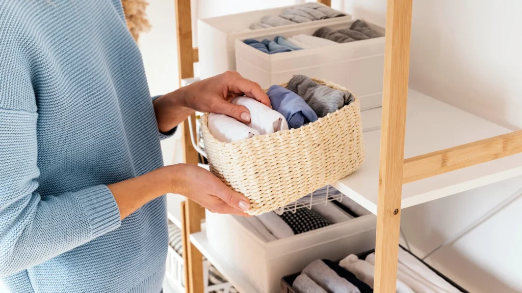 Vrouw pakt kleren uit een mand uit de klerenkast. Organizer Quirine geeft tips