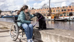 Een mevrouw in een rolstoel aait haar hulphond Entli aan het water
