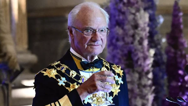 Carl Gustaf heft het glas en kijkt naar de camera