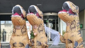 Thumbnail voor Hilariteit alom, dit bruidspaar trouwde in dinopakken: 'Altijd in voor gekkigheid'