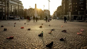 Thumbnail voor 44 paar rode schoenen van BN'ers op de Dam als protest tegen femicide: 'Wereldwijd probleem'