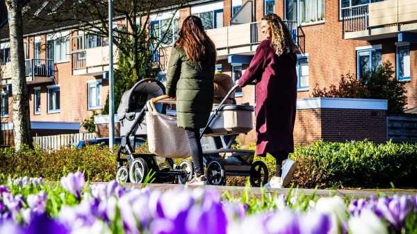 Twee vrouwen achter een kinderwagen en lentebloemen