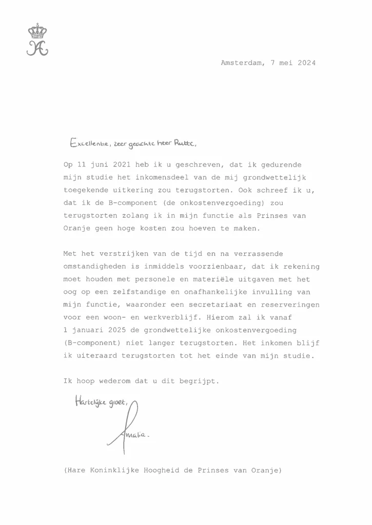 Brief van Amalia aan Rutte