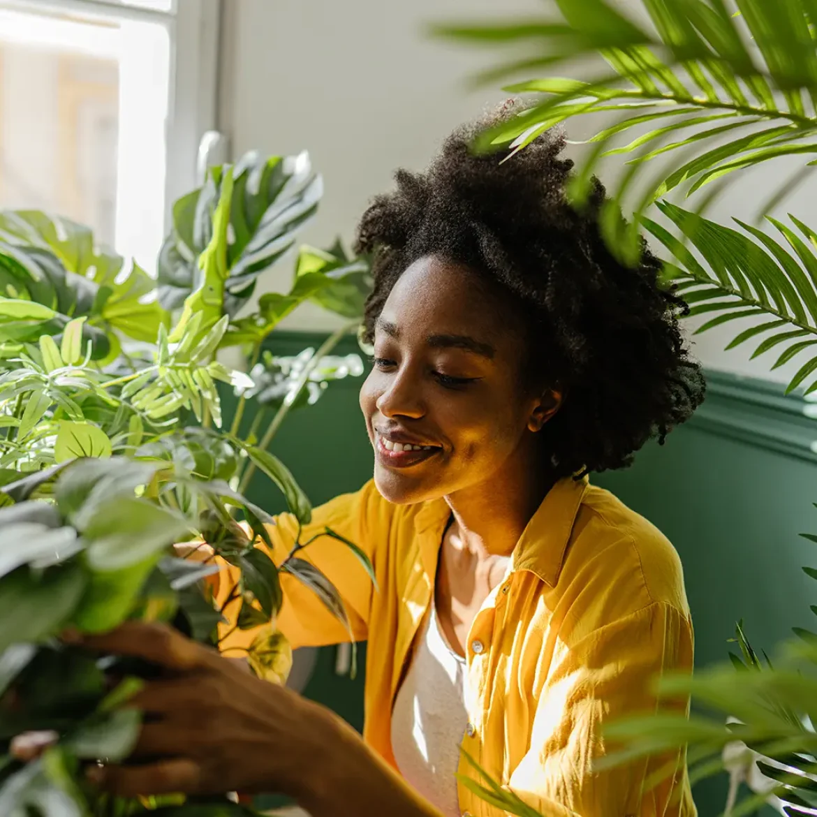 vrouw verzorgt haar kamerplanten