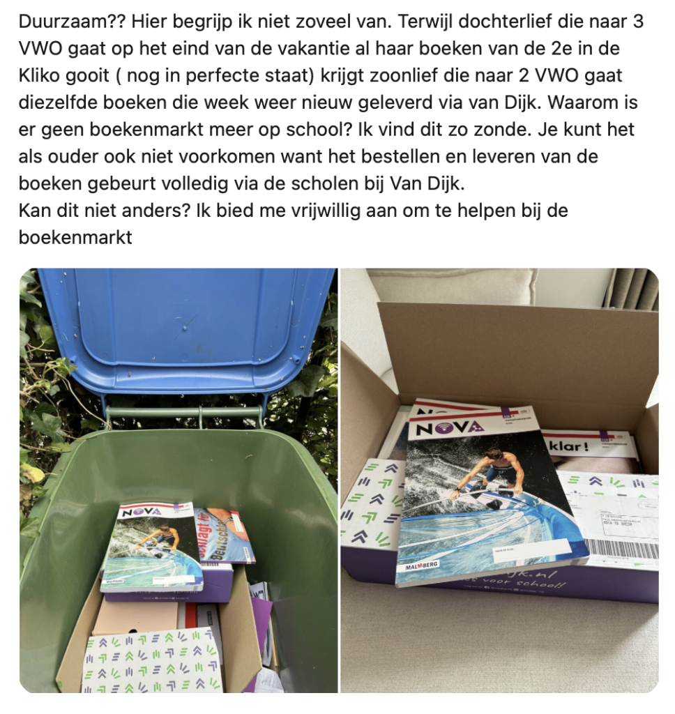 Linkedin-post van Cathelijne appels over wegwerp schoolboeken
