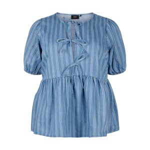 blouse met strikjes en pofmouwen blauw