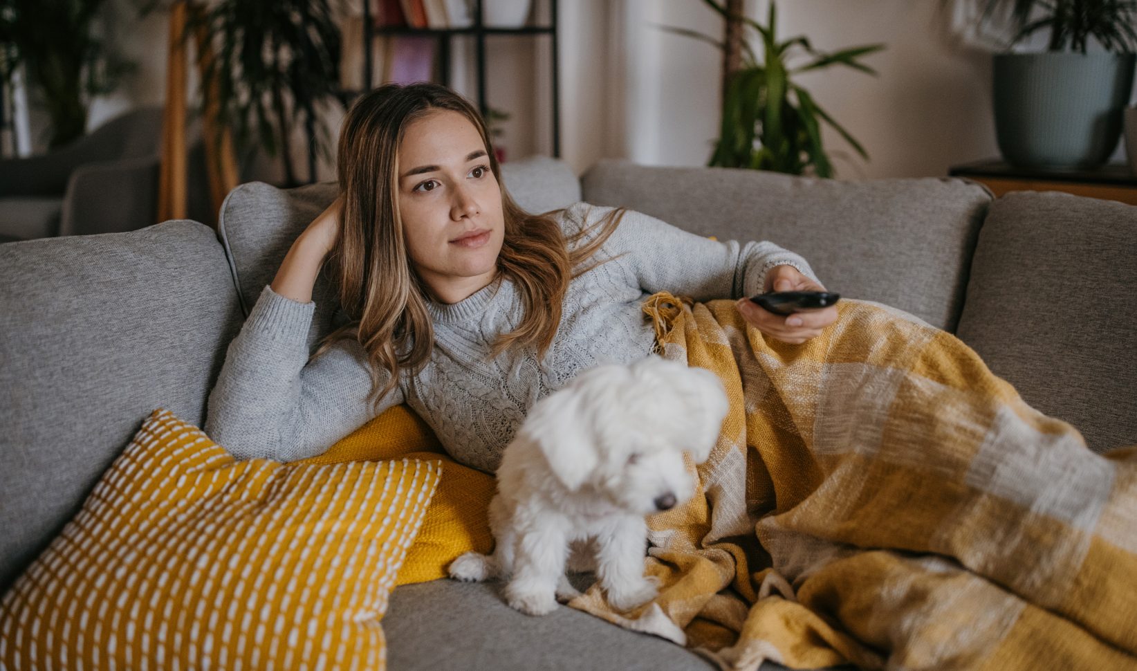vrouw tv kijken hond