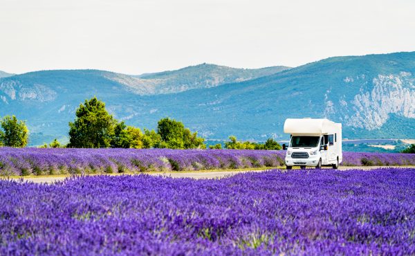 Campervan rijdt door een lavenderveld in de provance, frankrijk