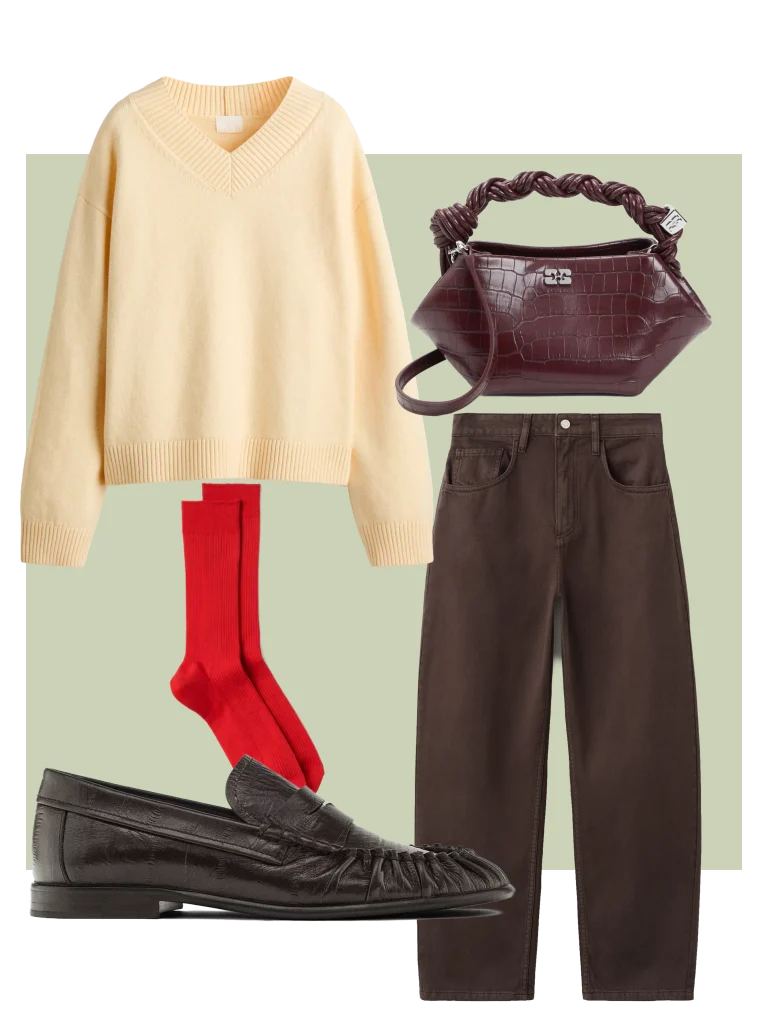 Bruine jeans met botergele trui