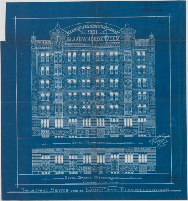 J.J. Kanters & J.P. Stok Wzn, Pakhuis Santos, voorgevel Rijnhovenzijde, 1901