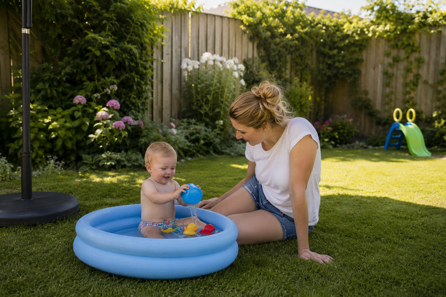 Moeder met kind in baby badje