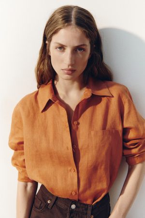 oranje blouse linnen hm