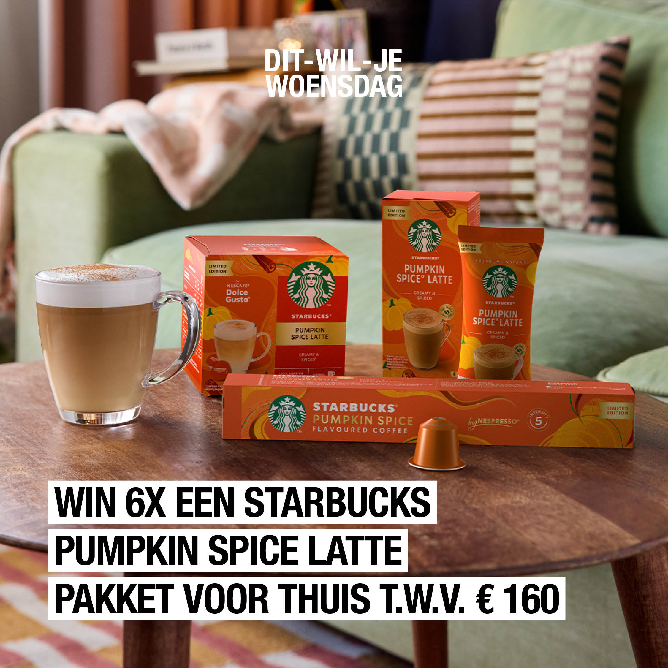 Herfst in een kop: maak 6 x kans op een pumpkin spice koffiepakket mét Nespresso-machine (t.w.v. 160 euro)