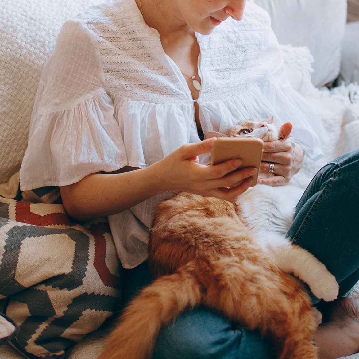 Vrouw op de bank met een rode kat op schoot