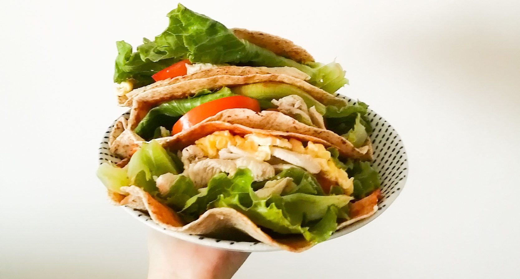 Een hand die een bord met wraps omhooghoudt