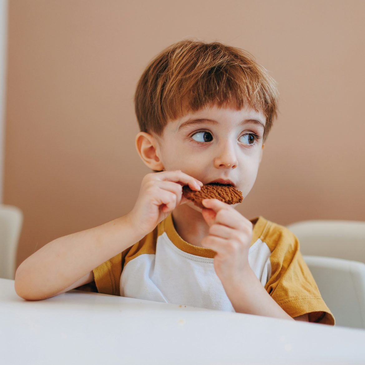 Jongen zit aan tafel en eet een koekje